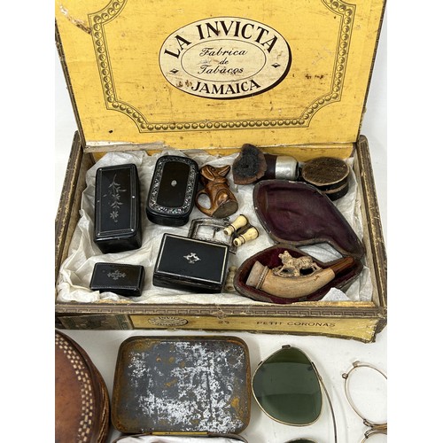 860 - Five unusual miniature models of cigars, in a carved Victorian box, dated 1887, a meerschaum pipe, f... 