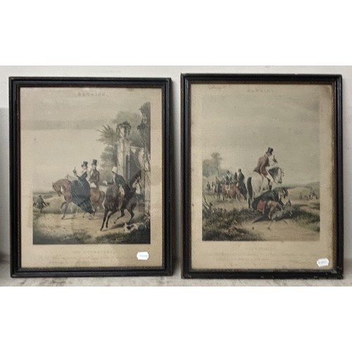 873 - A set of four hunting prints, 50 x 36 cm, and a 20th century landscape, oil on canvas, unframed, 100... 