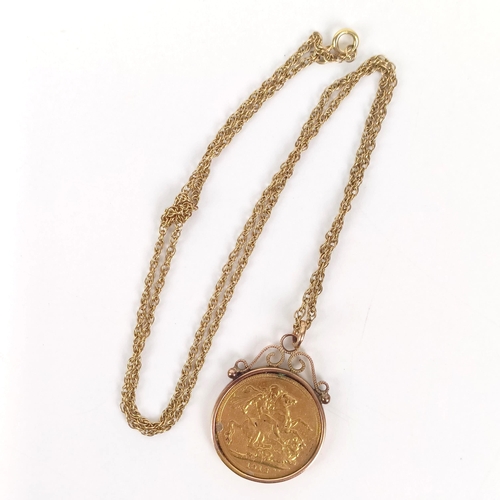 24 - George V Gold Sovereign, 1912, with a yellow metal mount and chain