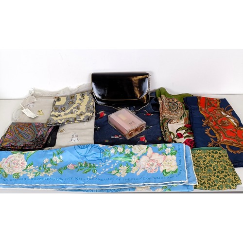 578 - Assorted scarves, a clutch bag, a bottle of Chanel No 5, sealed, a pair of mid 20th century Husky je... 