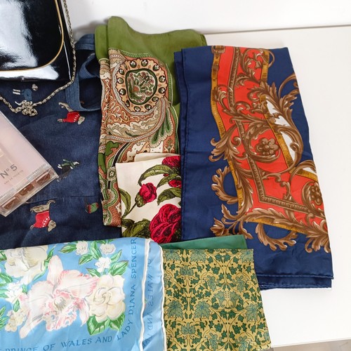 578 - Assorted scarves, a clutch bag, a bottle of Chanel No 5, sealed, a pair of mid 20th century Husky je... 