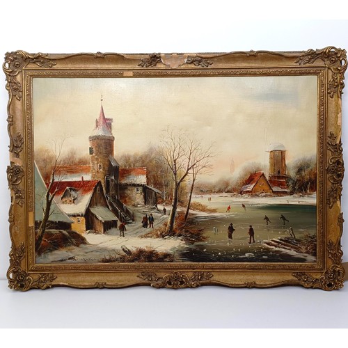 151 - Martin Prohaska (German b. 1949), a winter scene with ice skating, oil on canvas, signed, 59.5 x 90 ... 