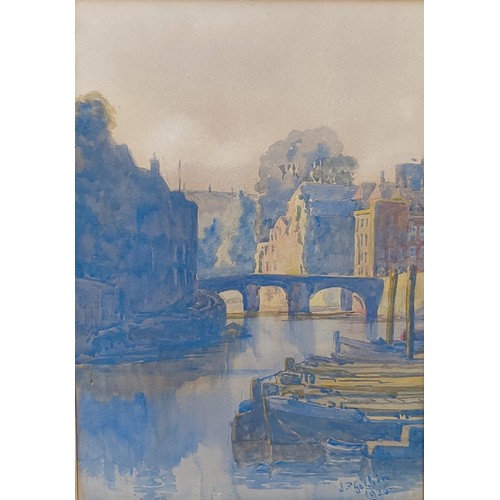 171 - J P Gathin, a river with a church in the distance, watercolour, signed, and its pair, 32 x 22 cm