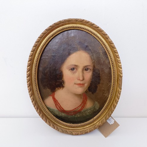 184 - 19th century, English school, a portrait of a young lady, oil on board, 30 x 23 cm, oval