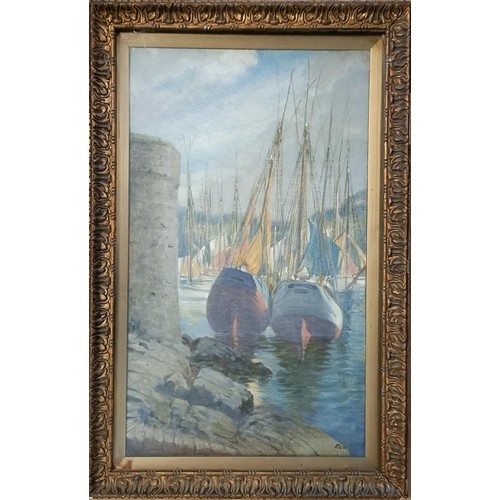 194 - 20th century school, Continental school, boats in a harbour, pastel, 69 x 38 cm