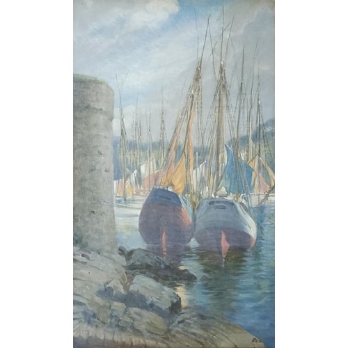 194 - 20th century school, Continental school, boats in a harbour, pastel, 69 x 38 cm