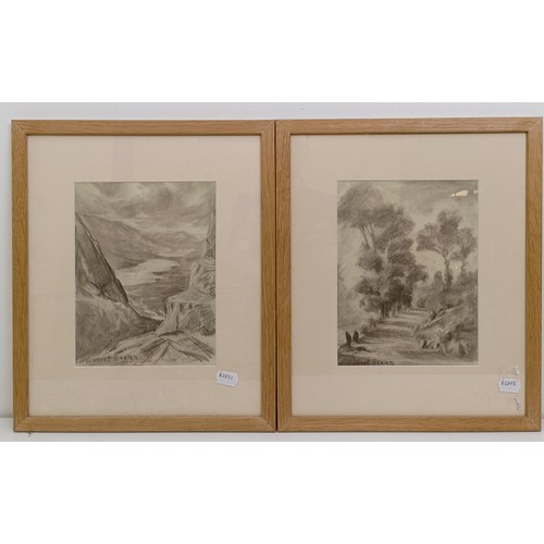 215 - Robert Beran, a view from a mountain, charcoal, signed, 26 x 20 cm, and its pair (2)