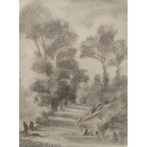 215 - Robert Beran, a view from a mountain, charcoal, signed, 26 x 20 cm, and its pair (2)