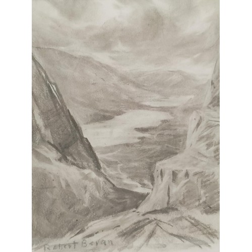 215 - Robert Beran, a view from a mountain, charcoal, signed, 26 x 20 cm, and its pair (2)