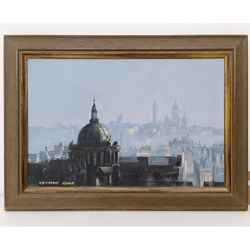 217 - Norman Hoad (British 1923-2014),  city skyline, oil on board, signed, 23 x 35 cm