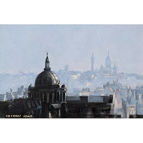 217 - Norman Hoad (British 1923-2014),  city skyline, oil on board, signed, 23 x 35 cm