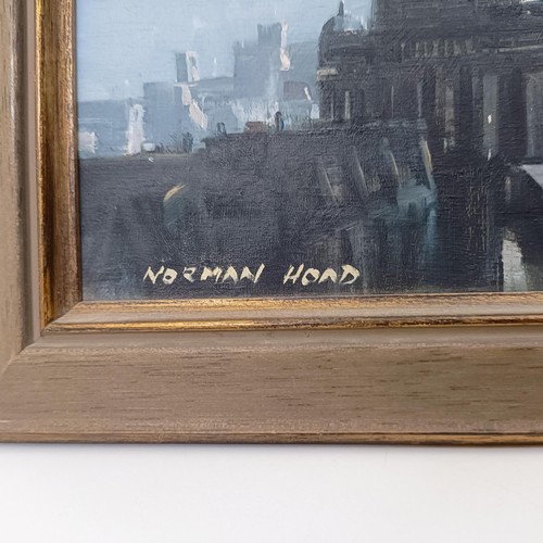 217 - Norman Hoad (British 1923-2014),  city skyline, oil on board, signed, 23 x 35 cm