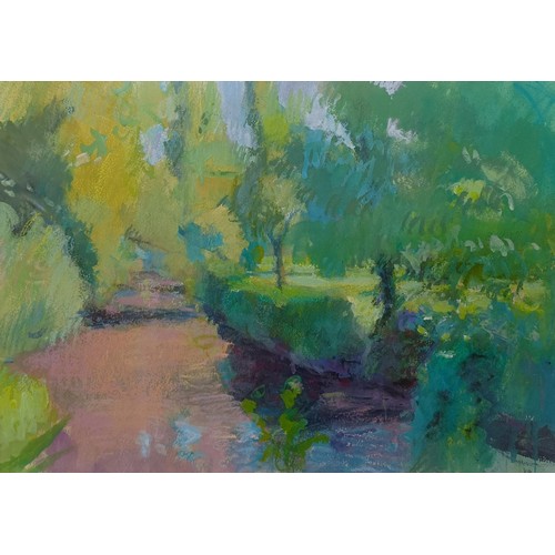 220 - 20th century, English school, a shaded path, oil on canvas, initialled H H, 33 x 45 cm