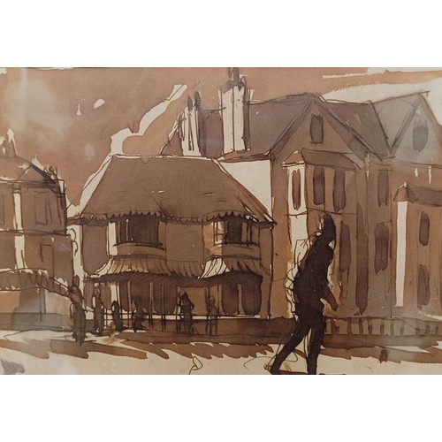 224 - Attributed to Frank Runacres (British 1904-1974), figures on a street, wash, 11 x 16 cm