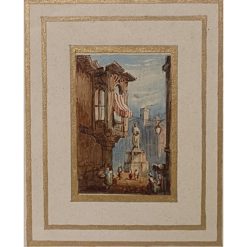 231 - Samuel Prout (British 1783-1852), a town monument, watercolour, 7 x 4 cm