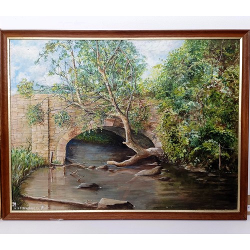 157 - W H R Newcombe, Sherborne landscape with a bridge, oil on board,  signed and dated '79, 50 x 66 cm, ... 