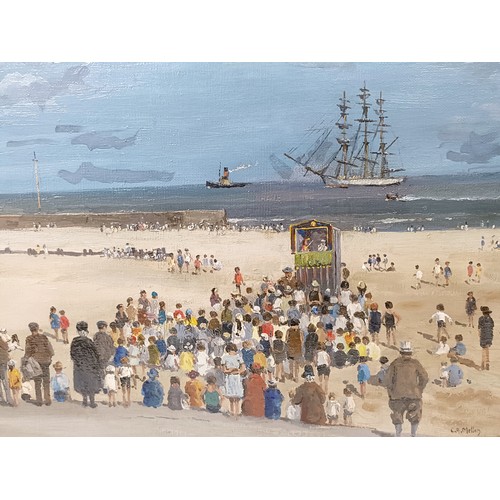 153 - Campbell Archibald Mellon (1878-1955), Punch & Judy on the Beach, Gorleston, Norfolk, oil on canvas,... 