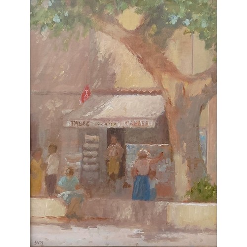 288 - 20th century, French school, the tabac shop, oil on board, initialled SVM, 34 x 25 cm