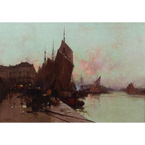 225 - Eugene Galien-Laloue (1854-1941), Unloading Fish, Sunrise, Dieppe, oil on canvas, signed, 46 x 65.5 ... 