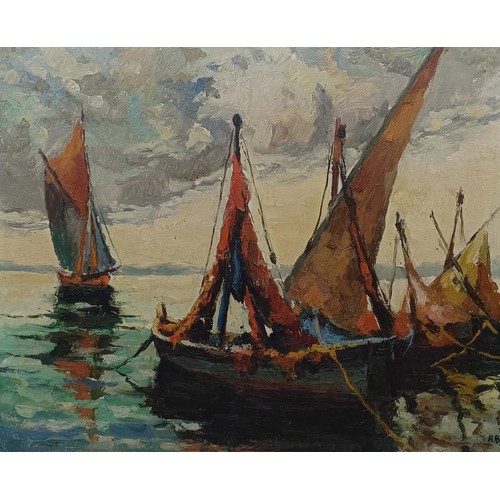 302 - English school, 20th century, moored boats, oil on canvas, initialled HB, 43 x 63 cm