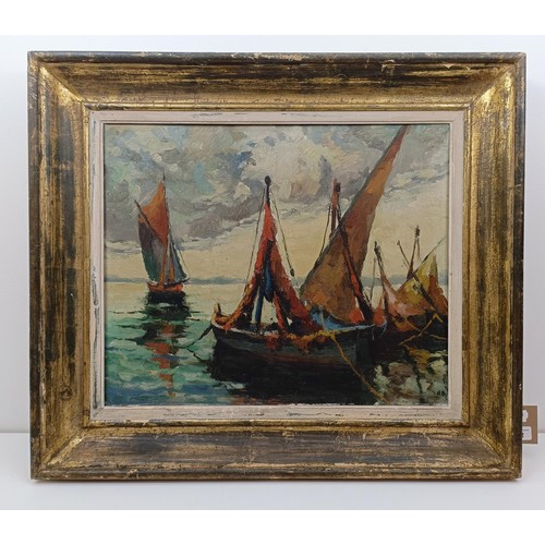 302 - English school, 20th century, moored boats, oil on canvas, initialled HB, 43 x 63 cm