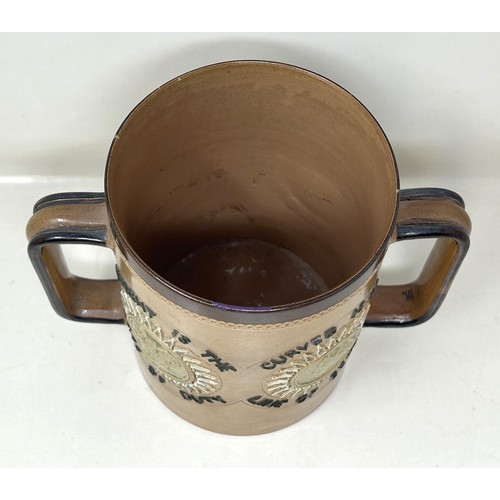 390 - A Doulton Lambeth two handled cup, 'Follow The Straight Line Thou Shalt See, The ~ Ever Follow Thee,... 