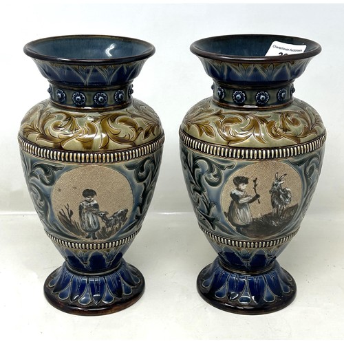 391 - A pair of Doulton Lambeth vases, by Hannah Barlow, decorated children and goats, 24 cm high