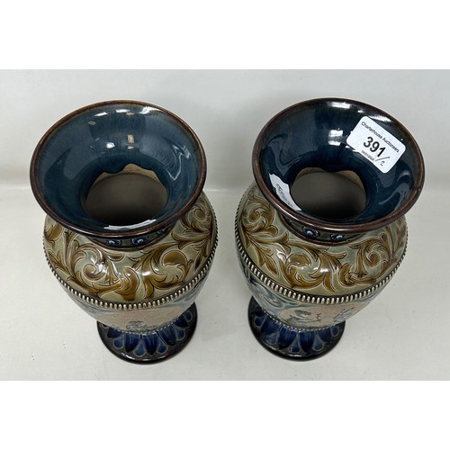 391 - A pair of Doulton Lambeth vases, by Hannah Barlow, decorated children and goats, 24 cm high