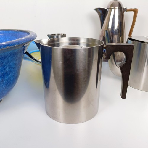 370 - A Danish Steiton stainless steel three piece tea service, a silver plated coffee pot, an Art glass b... 