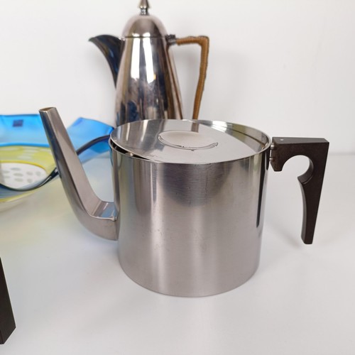 370 - A Danish Steiton stainless steel three piece tea service, a silver plated coffee pot, an Art glass b... 