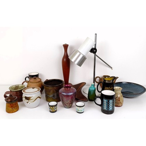 383 - A lustre ware glass vase, an anglepoise lamp, a teak lamp base, and assorted pottery (box)