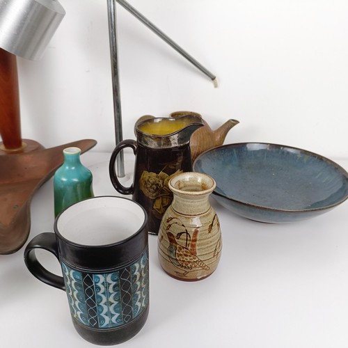 383 - A lustre ware glass vase, an anglepoise lamp, a teak lamp base, and assorted pottery (box)