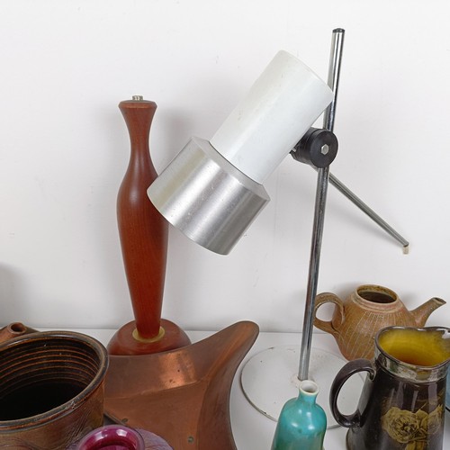 383 - A lustre ware glass vase, an anglepoise lamp, a teak lamp base, and assorted pottery (box)