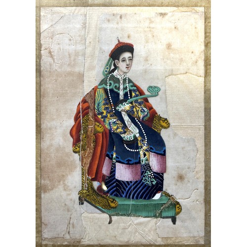 303 - A Chinese pith picture of a woman on a throne, 24 x 17 cm