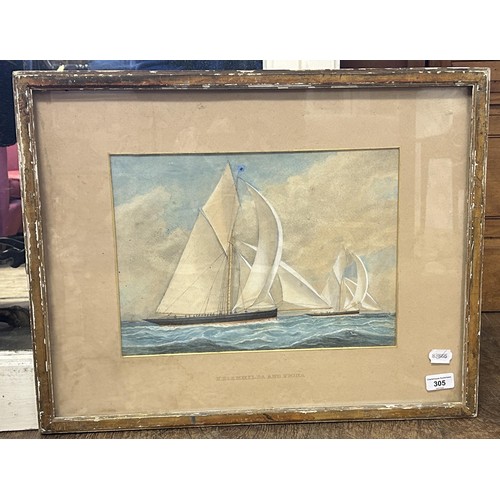 305 - Early 20th century, English school, study of two yachts, Kriemhilda And Fiona, watercolour, 28 x 37 ... 