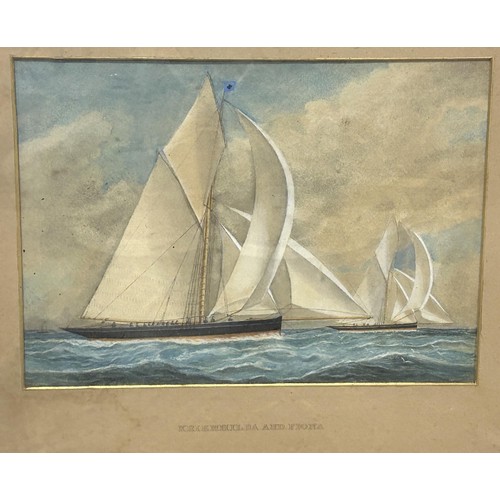 305 - Early 20th century, English school, study of two yachts, Kriemhilda And Fiona, watercolour, 28 x 37 ... 