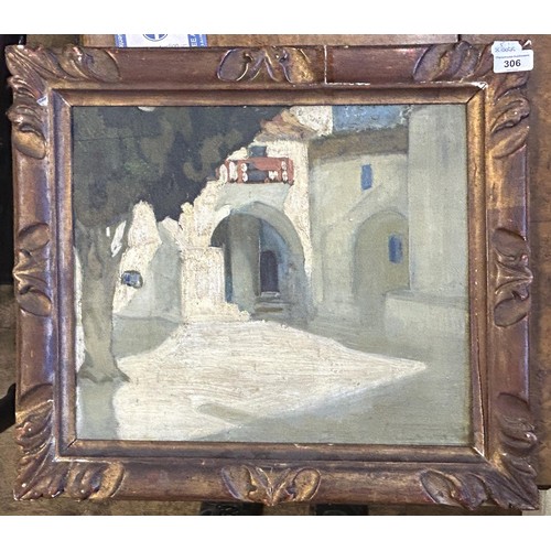 306 - Eglantine (?) Hooper, Courtyard of a Greek Monastry, oil on board, indistinctly signed, inscribed ve... 