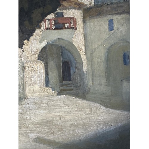 306 - Eglantine (?) Hooper, Courtyard of a Greek Monastry, oil on board, indistinctly signed, inscribed ve... 