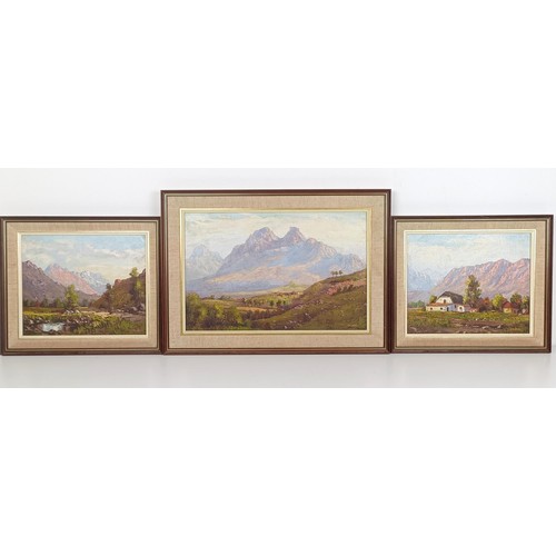 309 - J de Leew (South African), landscape, oil on board, 30 x 44 cm, a landscape, 24 x 29 cm, and a lands... 