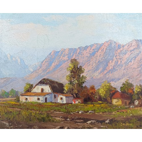 309 - J de Leew (South African), landscape, oil on board, 30 x 44 cm, a landscape, 24 x 29 cm, and a lands... 