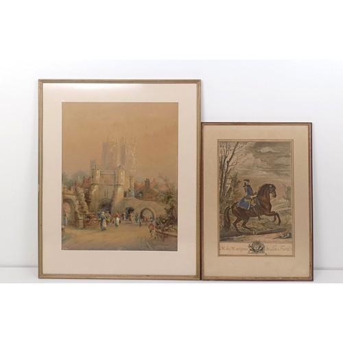 308 - J H Mooty, landscape with a cathedral, watercolour, signed, dated 1918, 48 x 37 cm, and a 19th centu... 