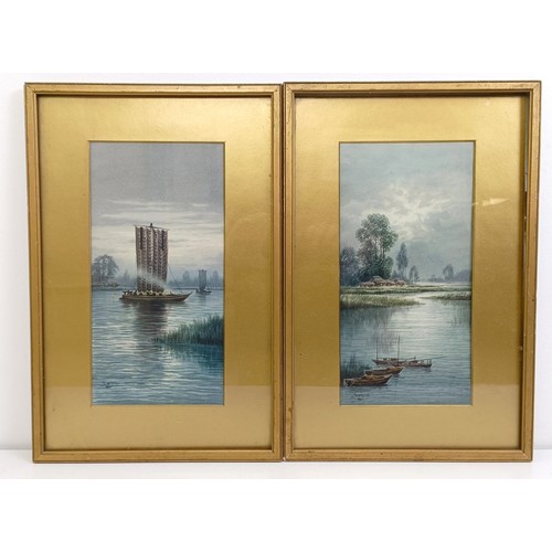 304 - Bunyon, lake scene with a boat, watercolour, signed, 29 x 15 cm, and its pair (2)