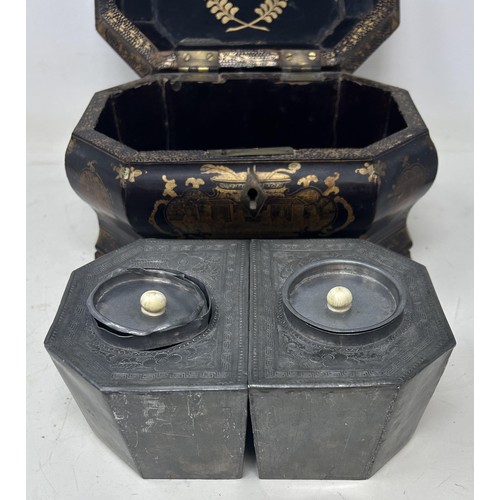 518 - A 19th century lacquered tea caddy, with two canisters, 22 cm wide