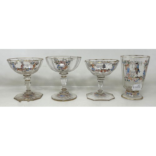 590 - A pair of Continental glasses, decorated figures in enamel colours, and two other similar glasses (4... 