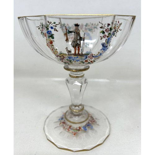 590 - A pair of Continental glasses, decorated figures in enamel colours, and two other similar glasses (4... 