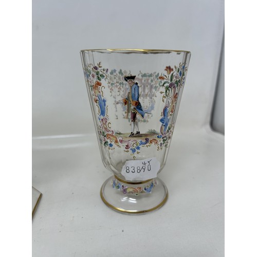 590 - A pair of Continental glasses, decorated figures in enamel colours, and two other similar glasses (4... 