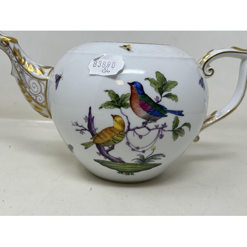 592 - An Herend porcelain tea pot, decorated birds, 17 cm high