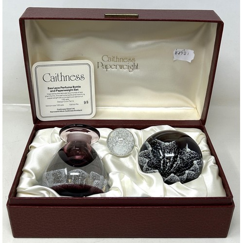 599 - A Caithness Sea Lace glass limited edition paperweight, and matching perfume bottle, No 98, with cer... 