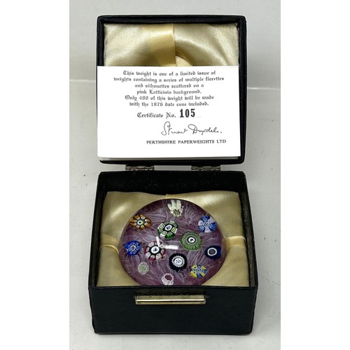 608 - A Perthshire limited edition glass paperweight, 1975, No 105, with certificate, boxed