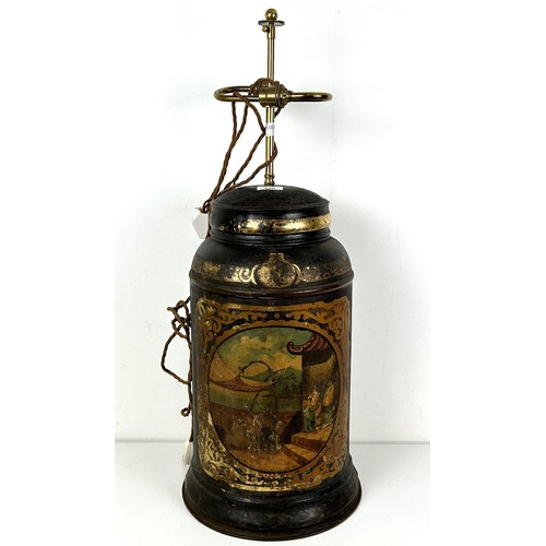 540 - A Continental painted tea canister, converted to a lamp, 77 cm high